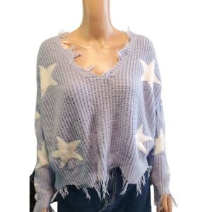 Polly & Esther Sz M Blue Star Crochet Fringe Hem Boxy Pullover Sweater